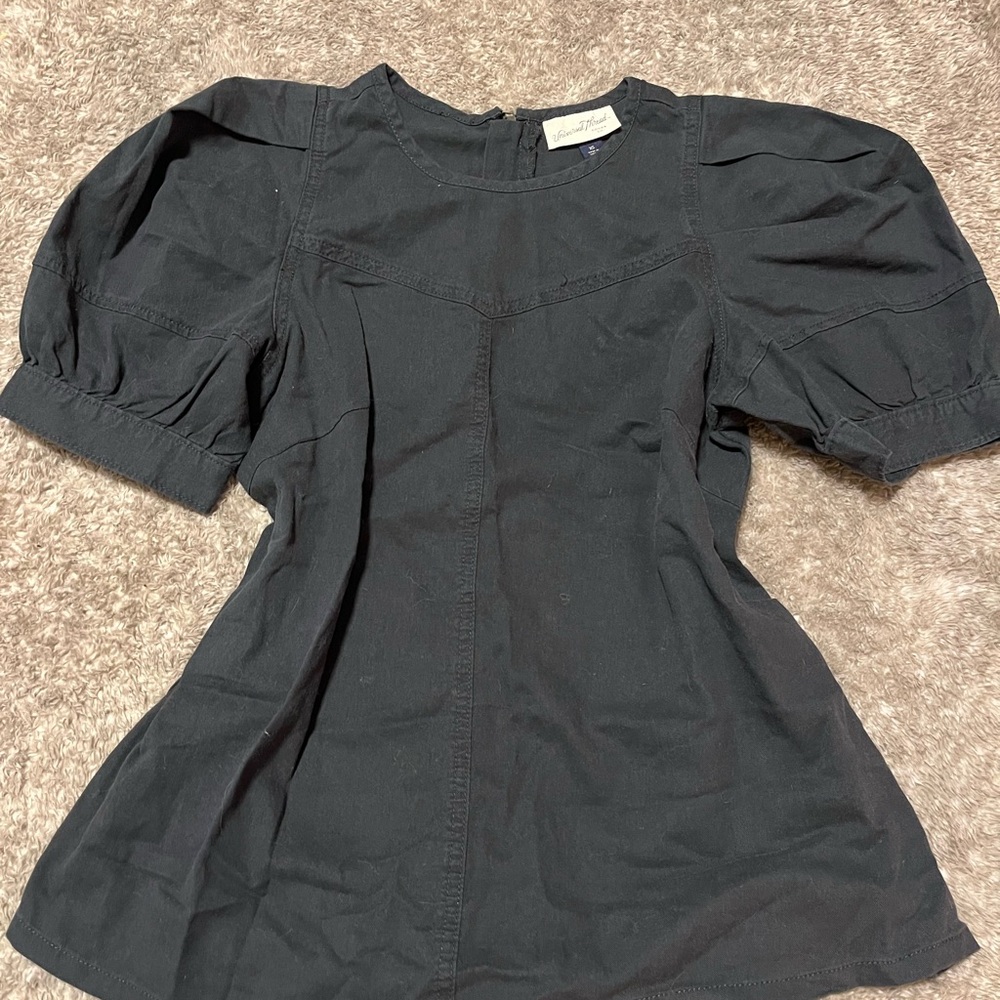 Black Puff Sleeve Cotton Top with Brass Accents
